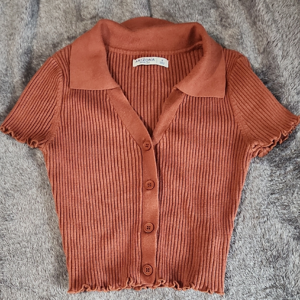 Arizona Jean Company Ribbed Short-Sleeve Button-Up Top — Rust Orange